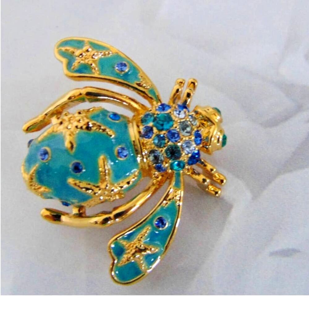 VTG Joan Rivers Gold STARFISH BEE PIN Brooch Gold Star Fish Blue Pave Crystal